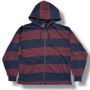 GAP Rugby Stripe Zip Front Hooded French Terry Jacket Navy & Maroon